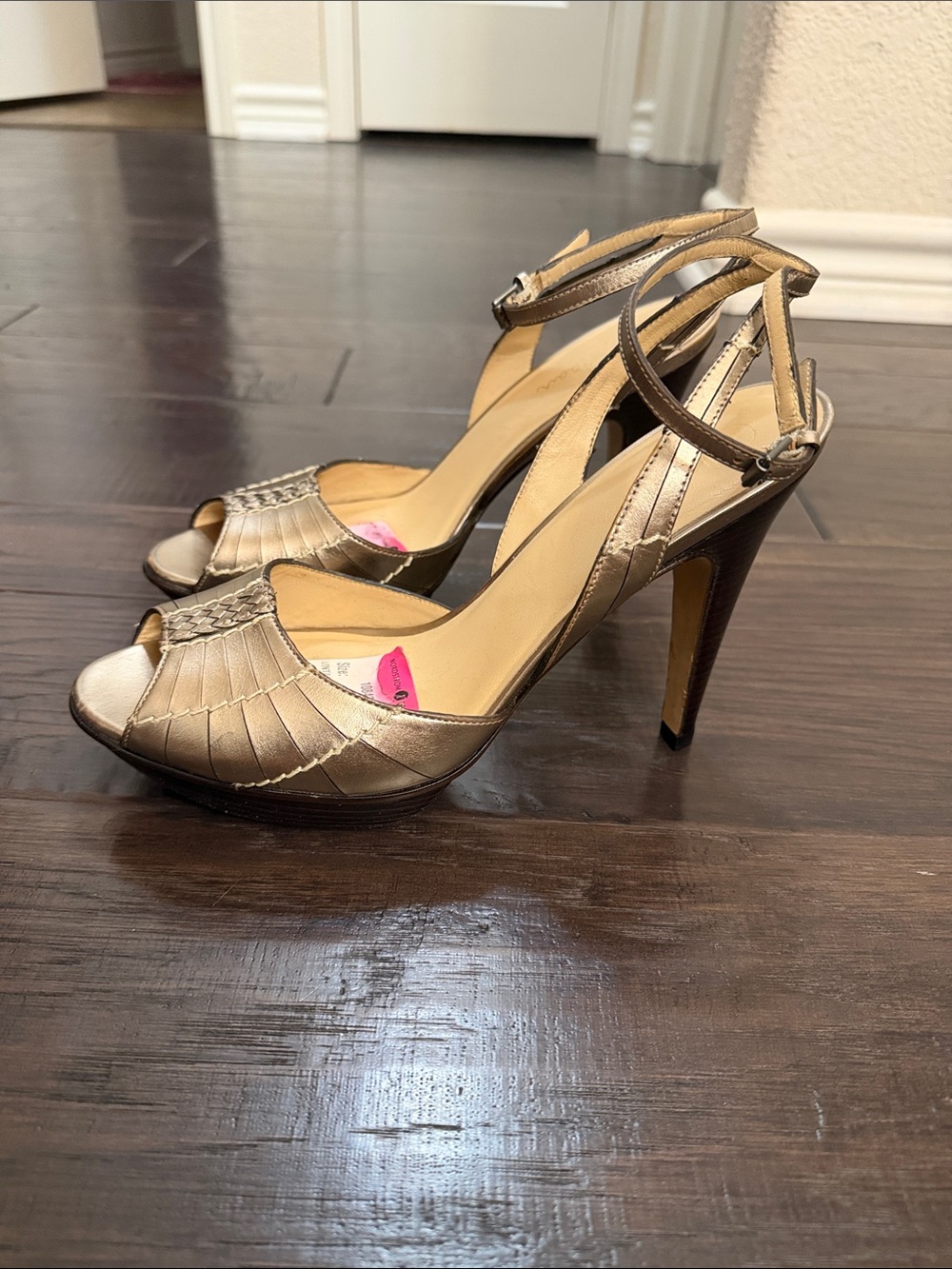 Cole Haan Metallic Gold Peep-Toe Ankle Strap Heels
